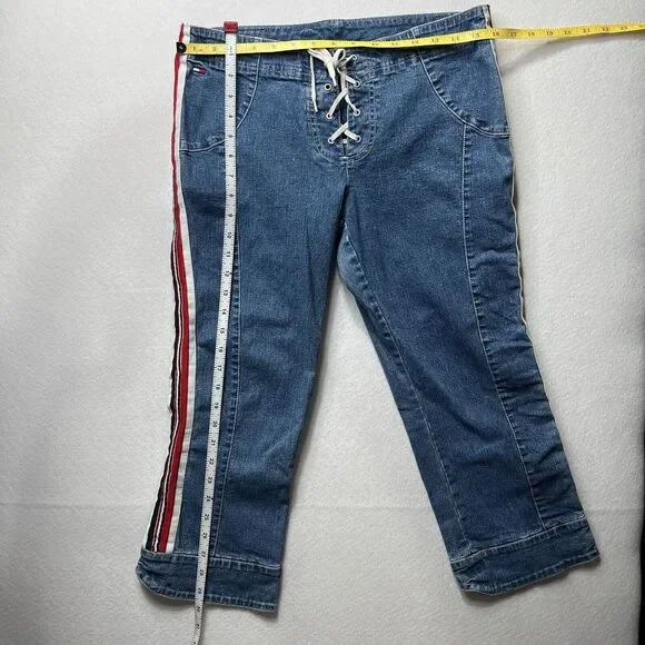 Tommy Hilfiger Lace Up Crop Jeans Women's 11 Blue Side Stripe 90s‎ Y2K - Picture 10 of 15